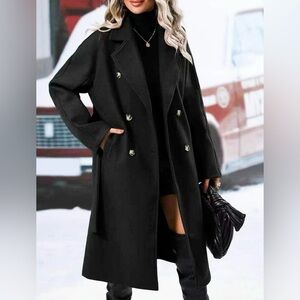 Women's Solid Duble Buttons Belted Woolen Coat | Size M Oversized